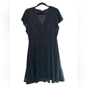 Black Sparkly Party Dress Size 2XL  Stretchy A- Line Dress V-Neck